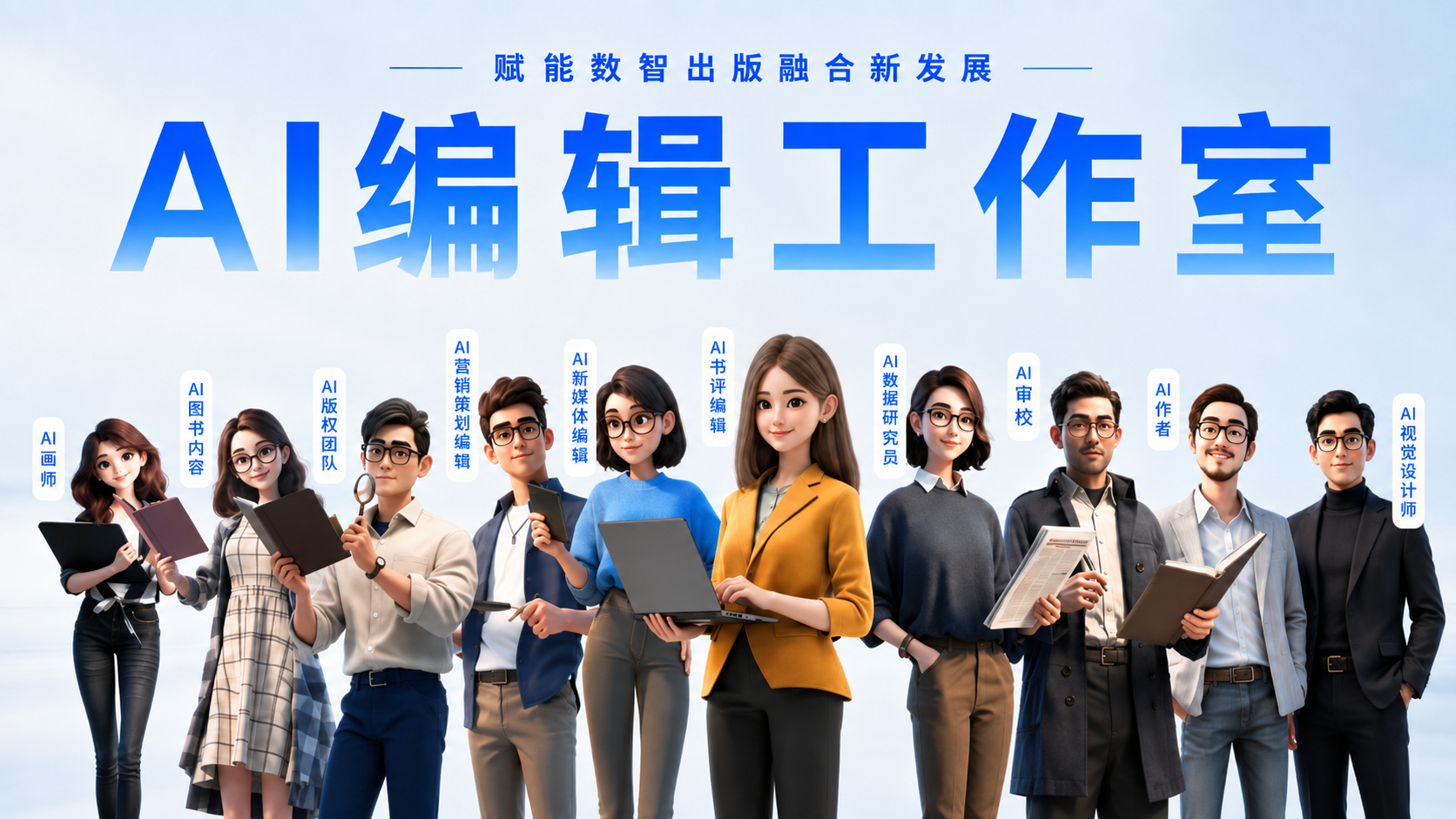 AI编辑工作室中的多种出版专业角色示意